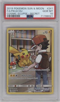 Pikachu from the 2019 Pokemon S&M  set graded by PSA and given an overall grade of 10.