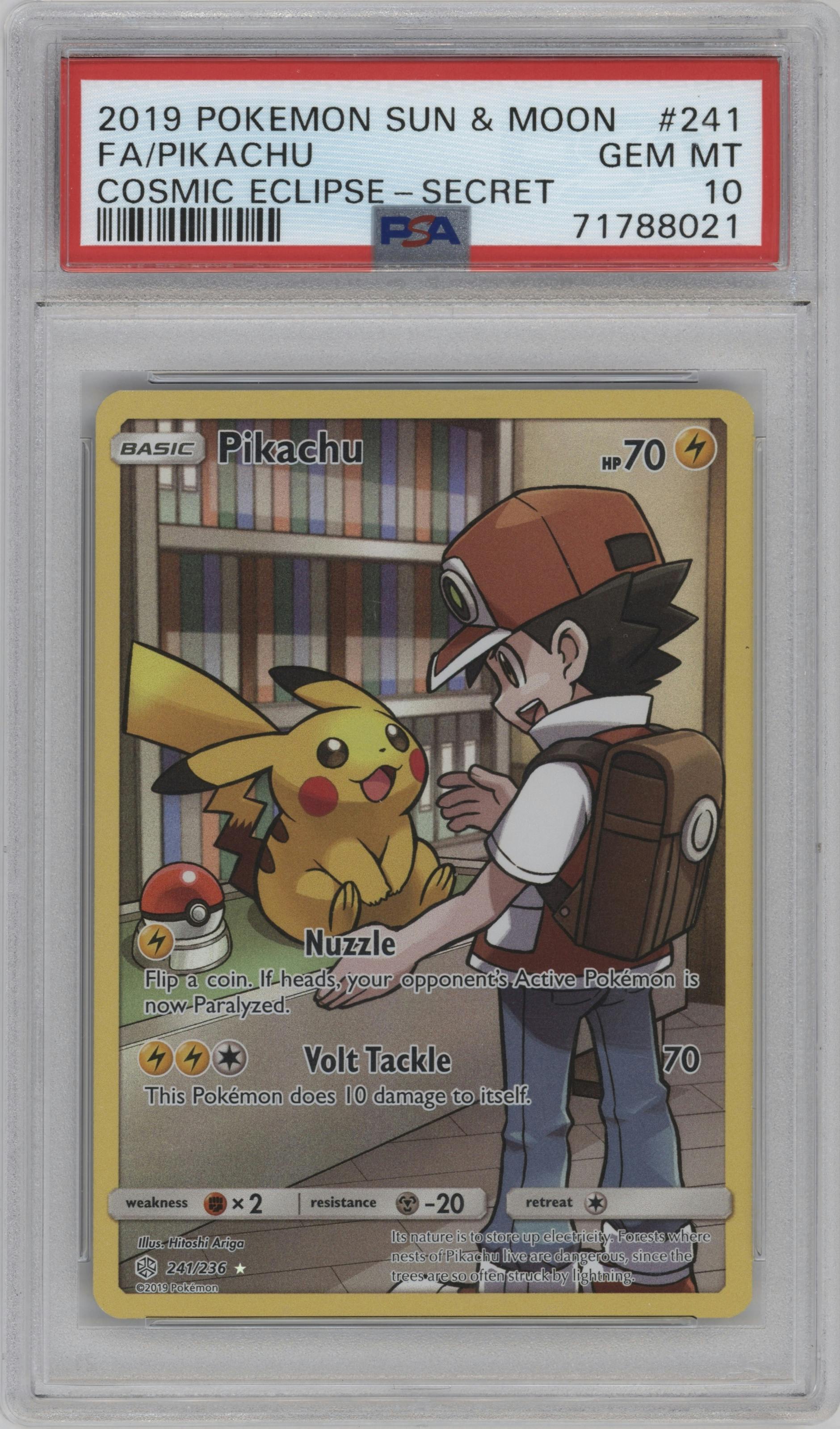 Pikachu from the 2019 Pokemon S&M  set graded by PSA and given an overall grade of 10.
