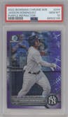 Jasson Dominguez from the 2022 Bowman Chrome Mega Box set featuring a Purple Refractor parallel graded by PSA and given an overall grade of 10.