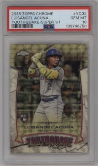 Luisangel Acuna from the 2025 Topps Chrome set featuring a SuperFractor parallel graded by PSA and given an overall grade of 10.