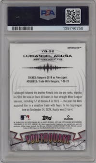 Luisangel Acuna from the 2025 Topps Chrome set featuring a SuperFractor parallel graded by PSA and given an overall grade of 10.