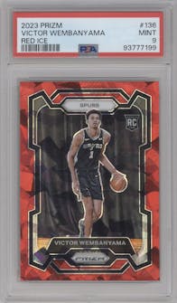 Victor Wembanyama from the 2023-24 Panini Prizm set featuring a Red Ice parallel graded by PSA and given an overall grade of 9.
