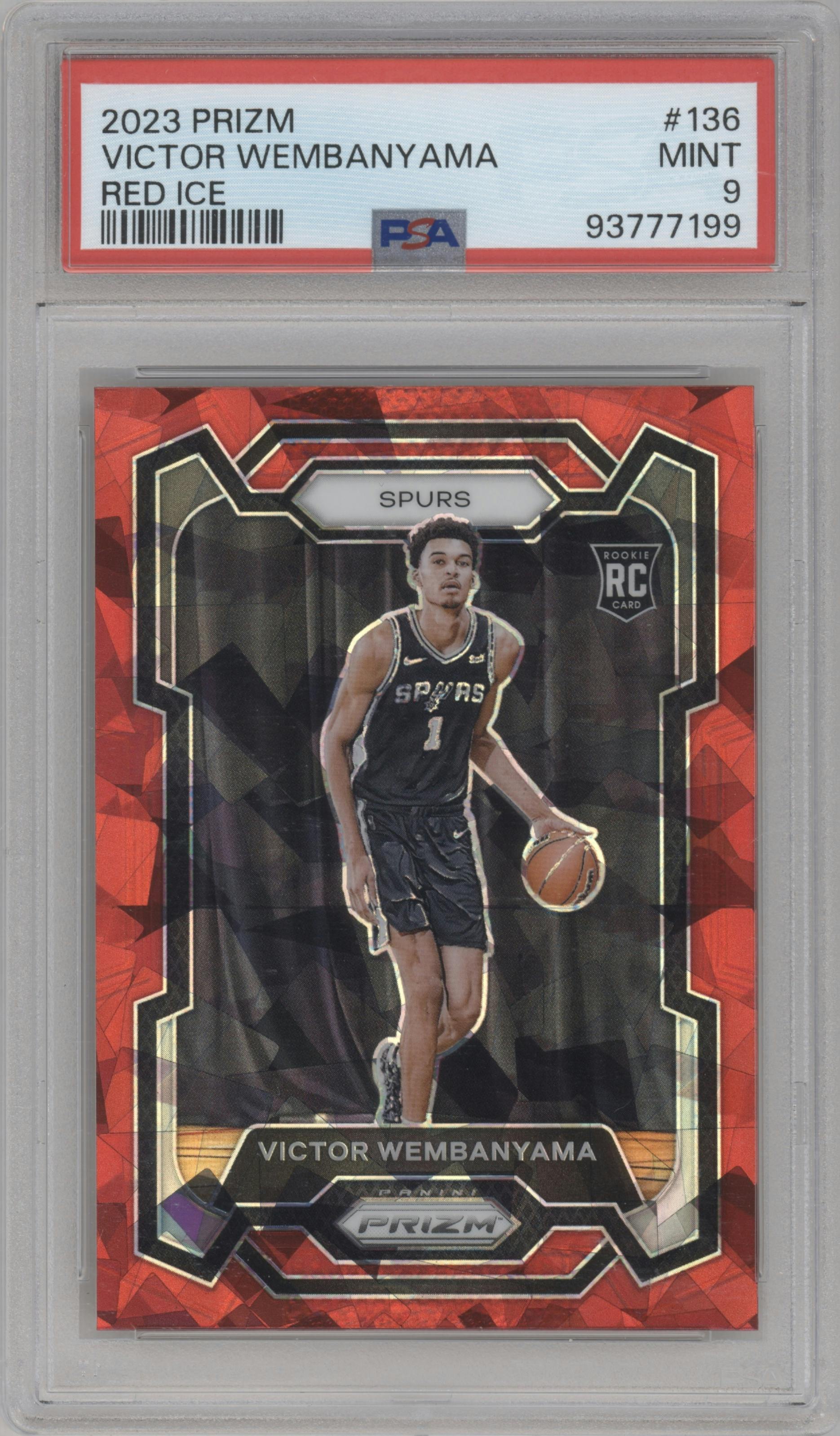 Victor Wembanyama from the 2023-24 Panini Prizm set featuring a Red Ice parallel graded by PSA and given an overall grade of 9.