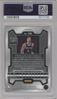 Victor Wembanyama from the 2023-24 Panini Prizm set featuring a Red Ice parallel graded by PSA and given an overall grade of 9.