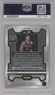 Victor Wembanyama from the 2023-24 Panini Prizm set featuring a Red Ice parallel graded by PSA and given an overall grade of 9.