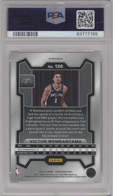 Victor Wembanyama from the 2023-24 Panini Prizm set featuring a Red Ice parallel graded by PSA and given an overall grade of 9.