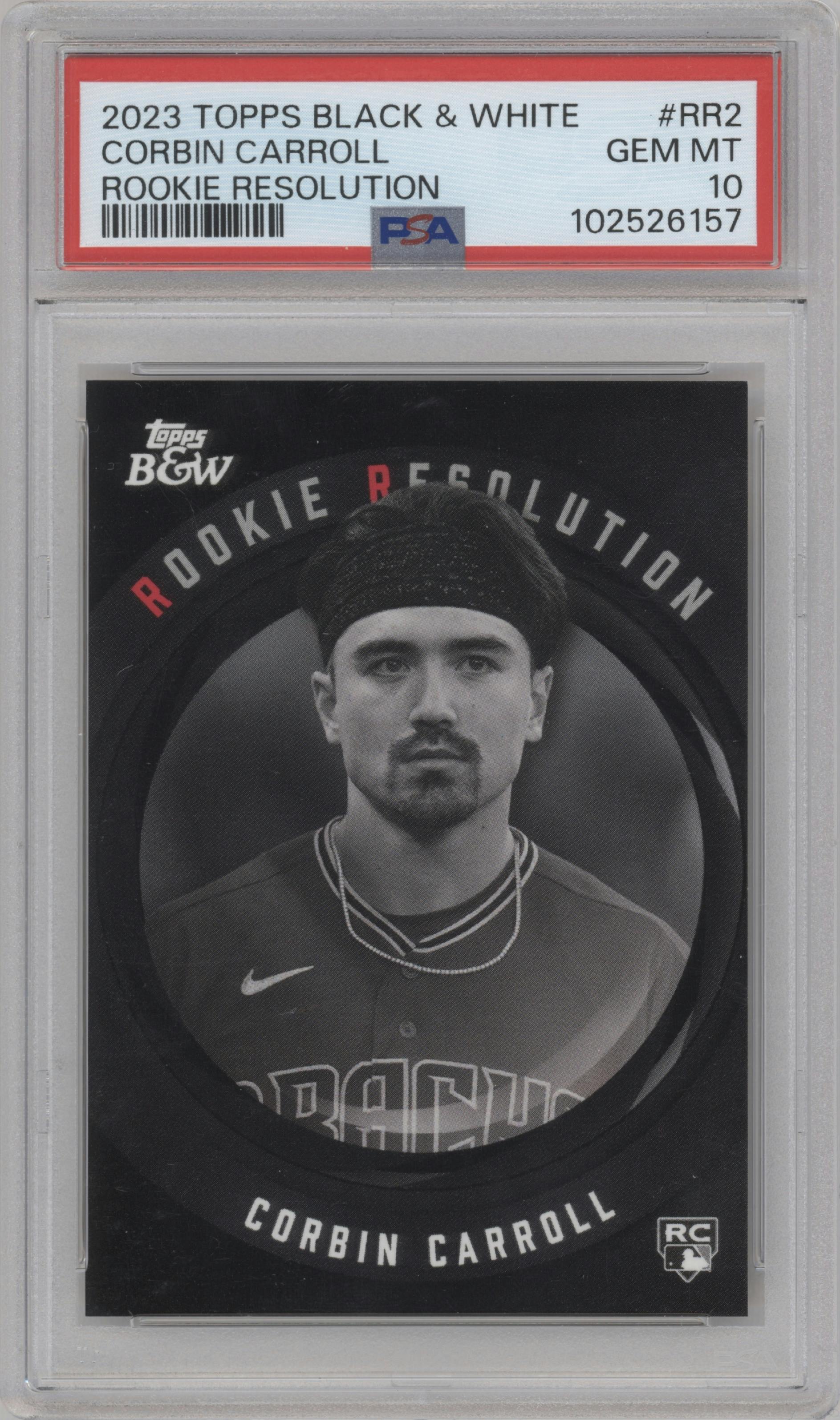 Corbin Carroll from the 2023 Topps Black & White set graded by PSA and given an overall grade of 10.