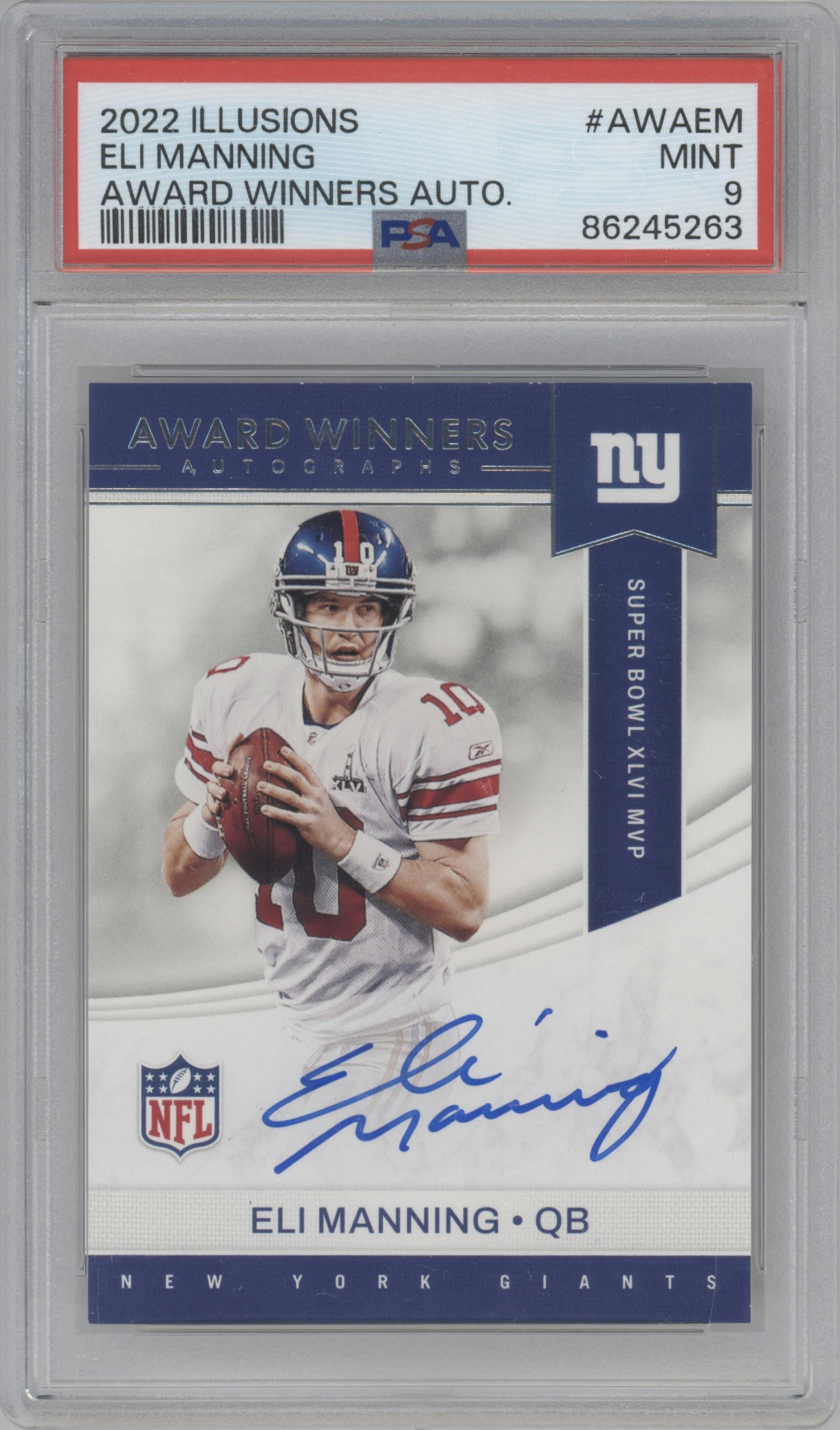 Eli Manning from the 2022 Panini Illusions set graded by PSA and given an overall grade of 9.