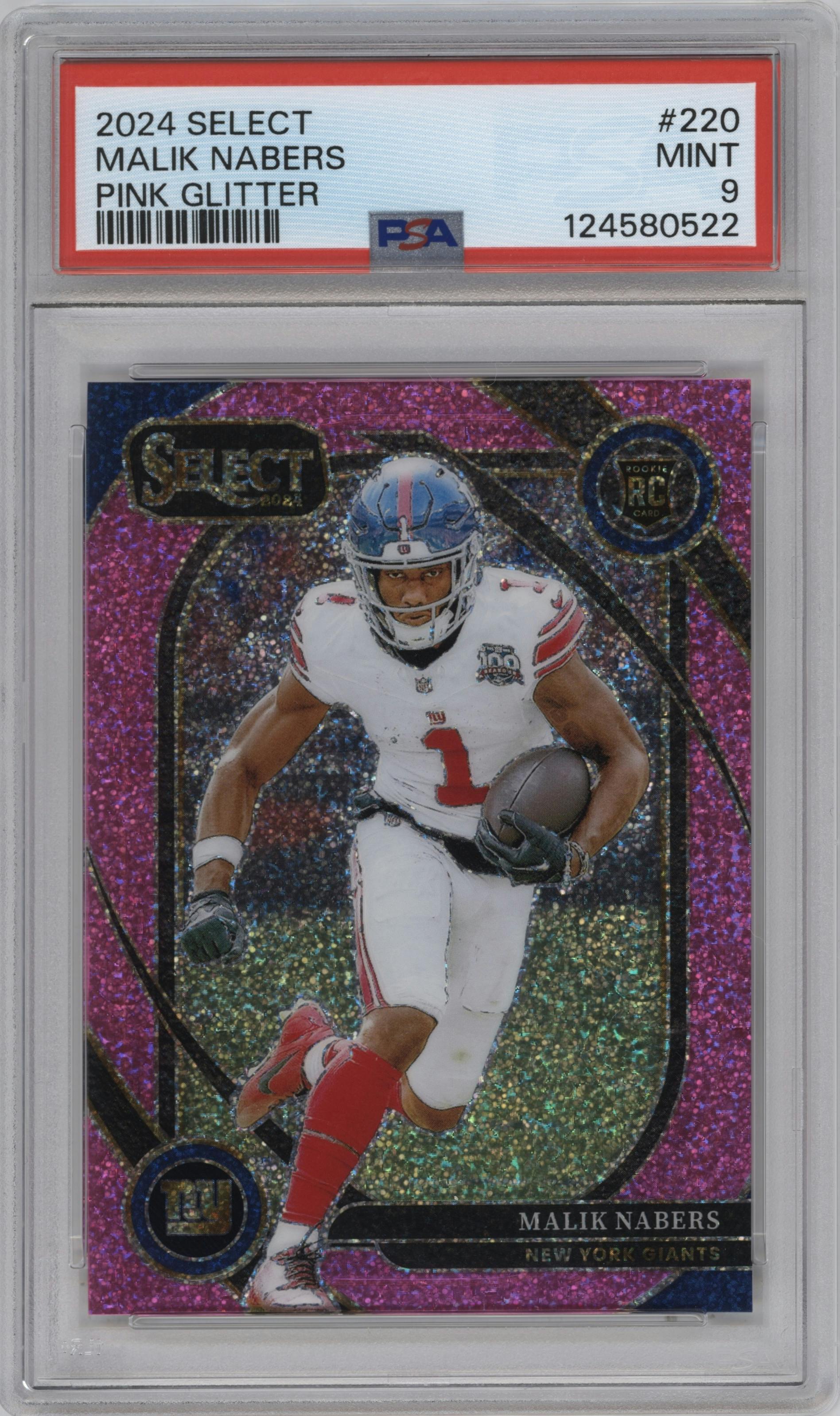 Malik Nabers from the 2024 Panini Select set featuring a Pink Glitter parallel graded by PSA and given an overall grade of 9.