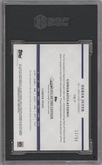 Derek Jeter from the 2022 Topps X Derek Jeter Call of the Captain set featuring a Purple parallel graded by SGC and given an overall grade of 9.5.
