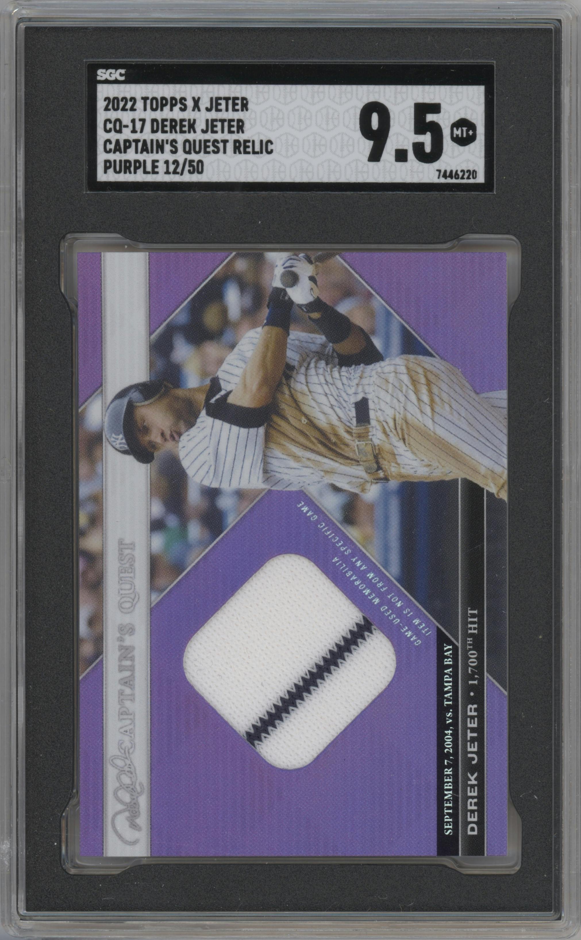 Derek Jeter from the 2022 Topps X Derek Jeter Call of the Captain set featuring a Purple parallel graded by SGC and given an overall grade of 9.5.