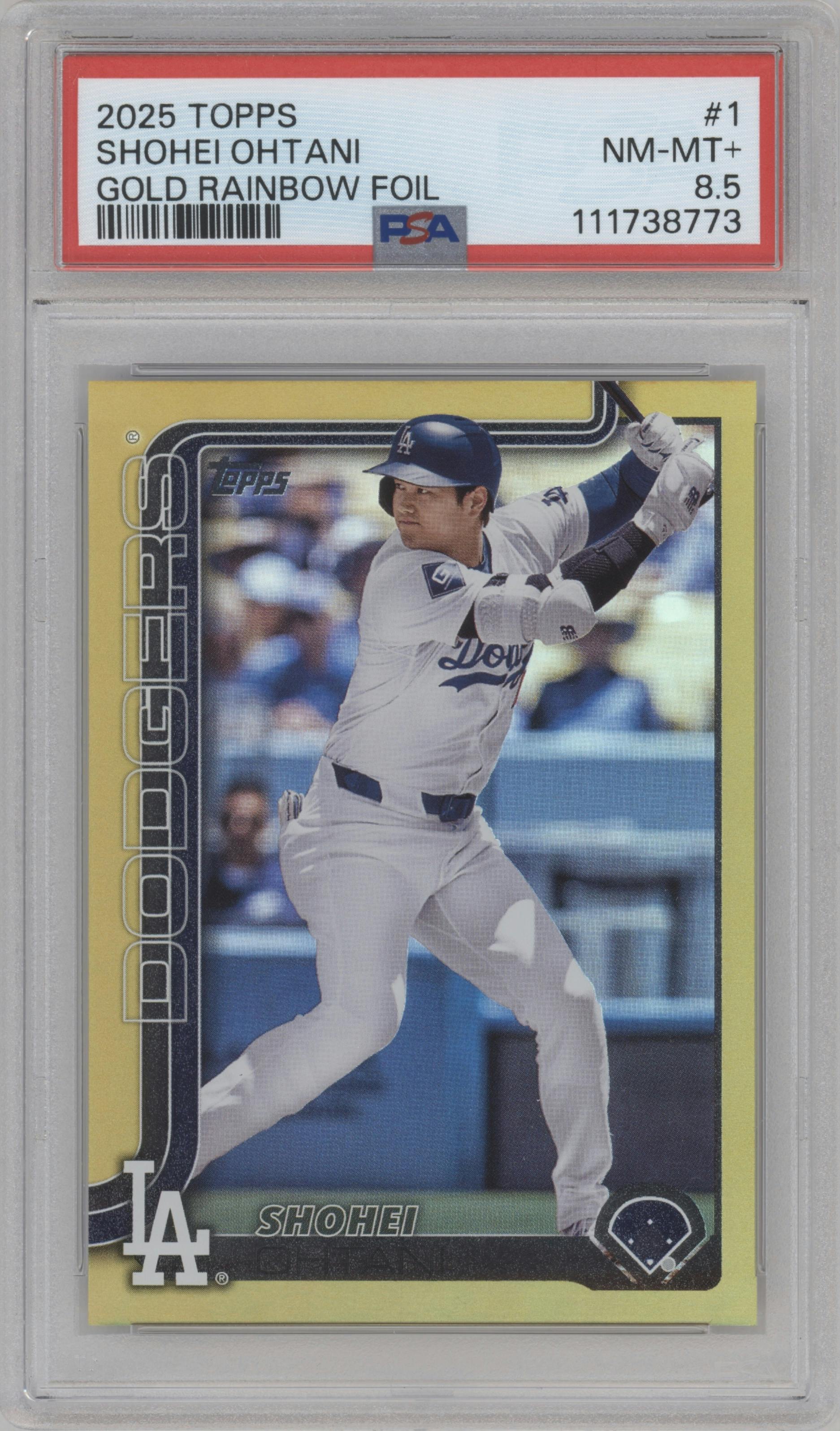 Shohei Ohtani from the 2025 Topps set featuring a Gold Rainbow parallel graded by PSA and given an overall grade of 8.5.