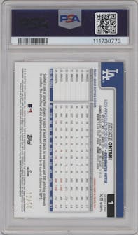 Shohei Ohtani from the 2025 Topps set featuring a Gold Rainbow parallel graded by PSA and given an overall grade of 8.5.