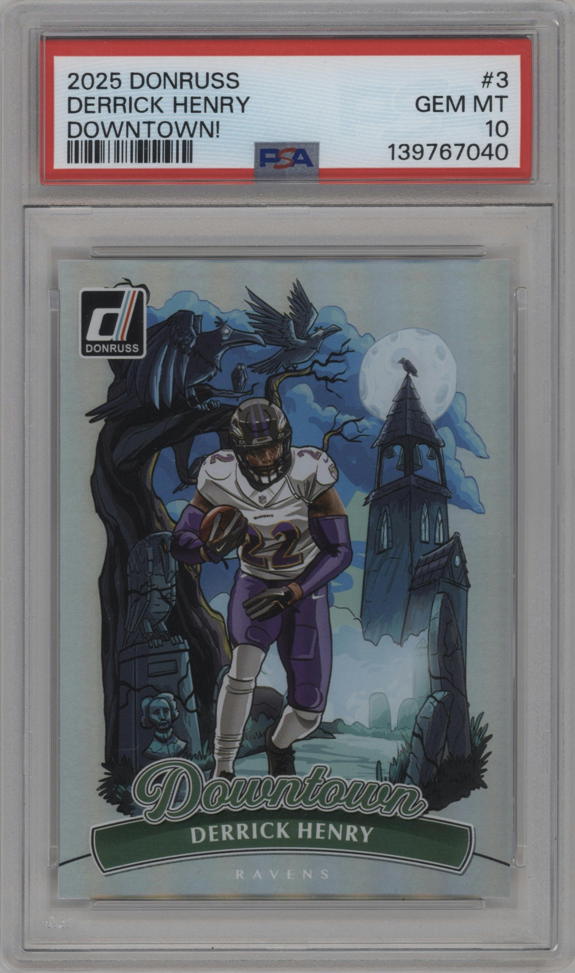 Derrick Henry from the 2025 Panini Donruss set graded by PSA and given an overall grade of 10.