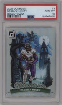 Derrick Henry from the 2025 Panini Donruss set graded by PSA and given an overall grade of 10.