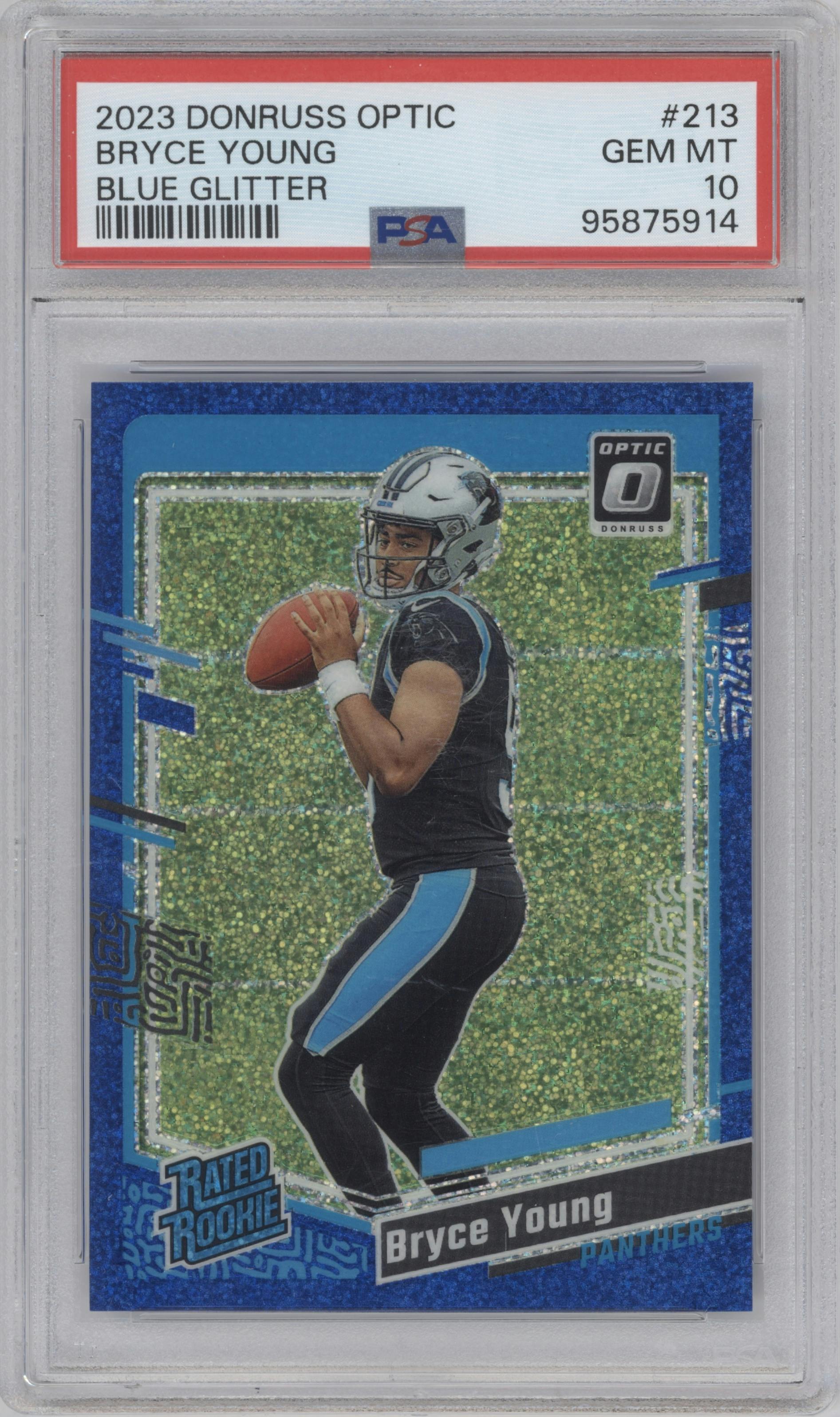Bryce Young from the 2023 Donruss Optic set featuring a Blue Glitter parallel graded by PSA and given an overall grade of 10.