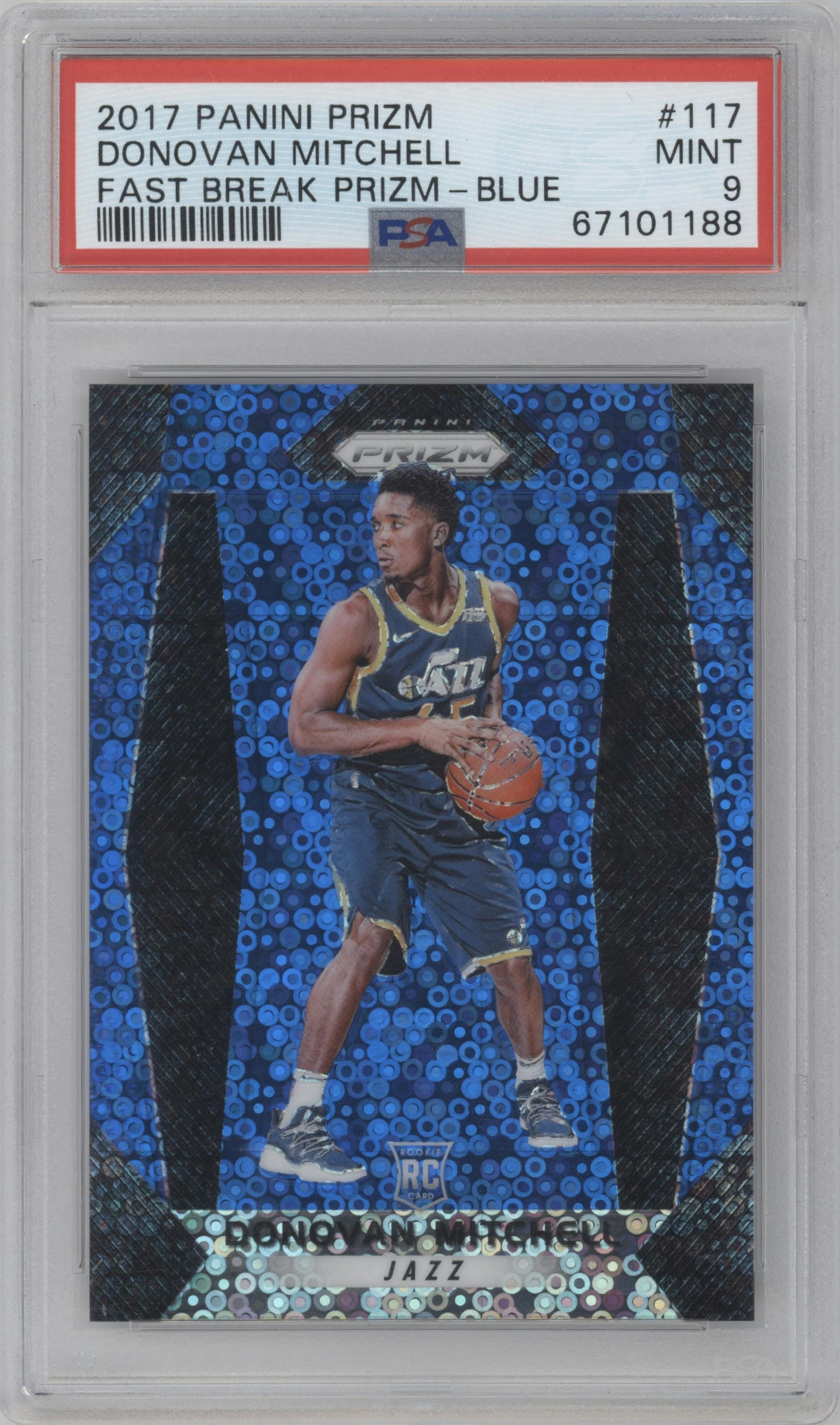 Donovan Mitchell from the 2017-18 Panini Prizm  set featuring a Fast Break Blue parallel graded by PSA and given an overall grade of 9.