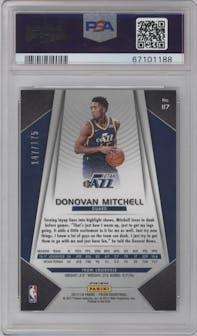 Donovan Mitchell from the 2017-18 Panini Prizm  set featuring a Fast Break Blue parallel graded by PSA and given an overall grade of 9.