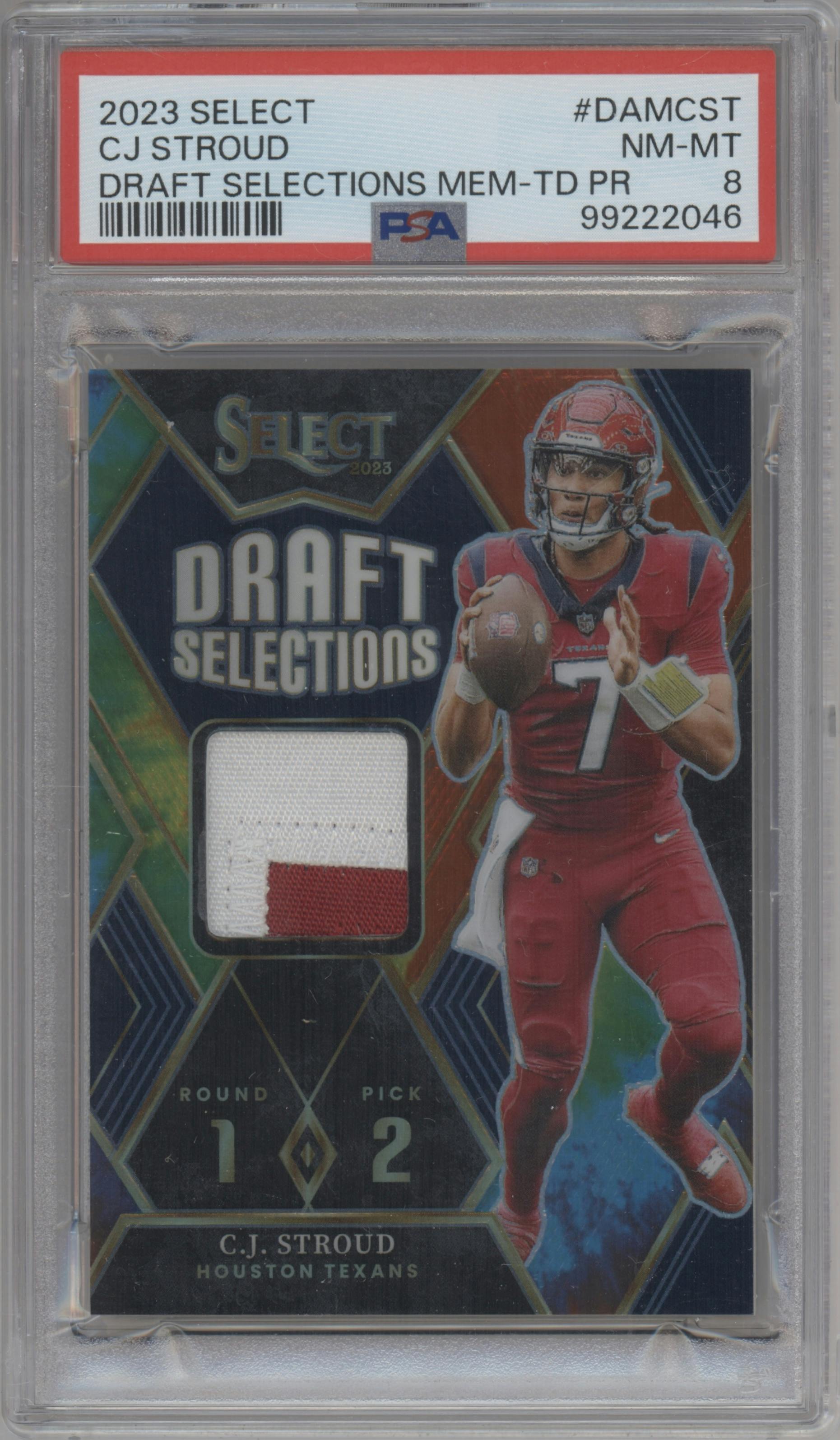 C.J. Stroud from the 2023 Panini Select set featuring a Tie-Dye parallel graded by PSA and given an overall grade of 8.