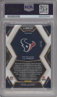 C.J. Stroud from the 2023 Panini Select set featuring a Tie-Dye parallel graded by PSA and given an overall grade of 8.