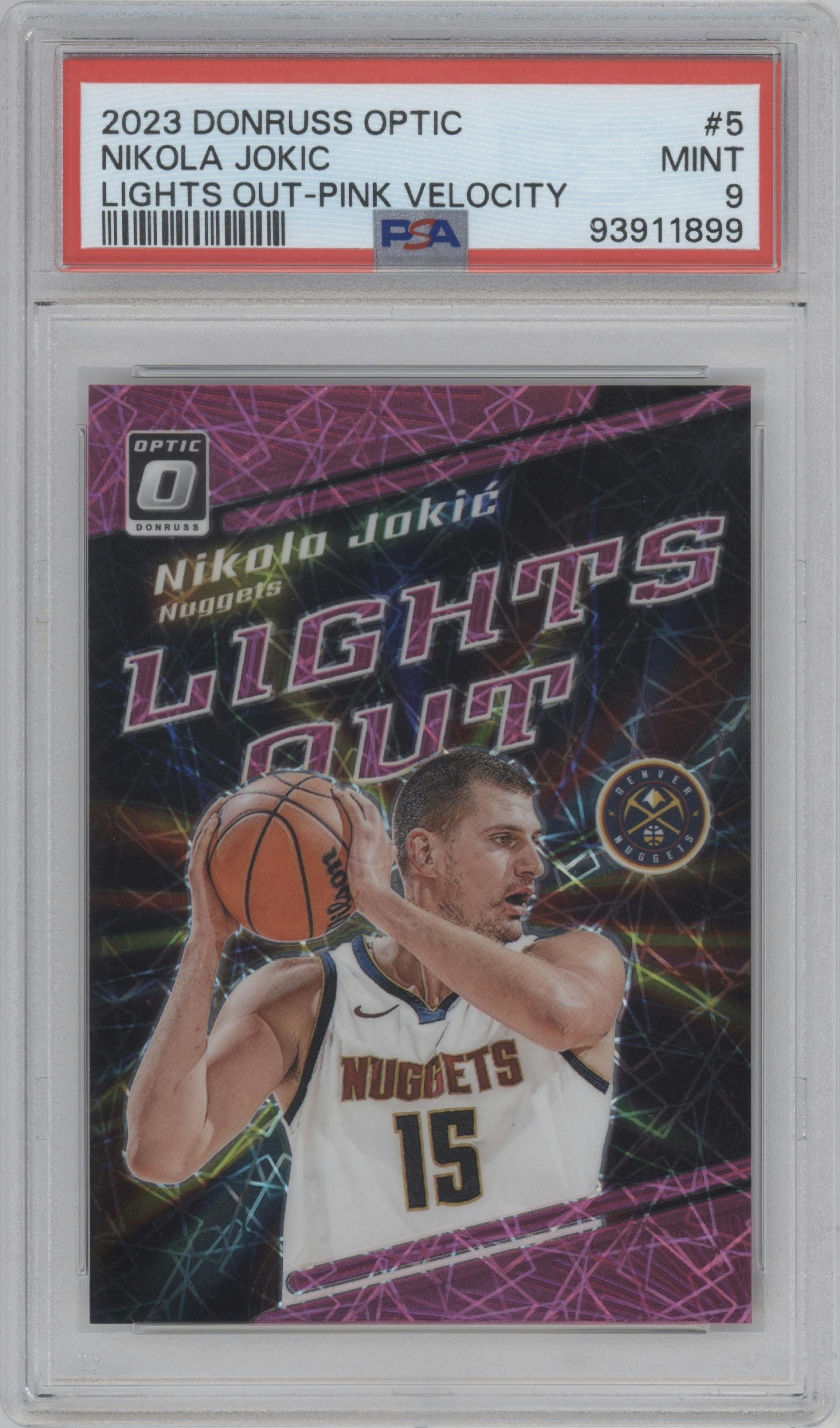 Nikola Jokic  from the 2023-24 Donruss Optic set featuring a Pink Velocity parallel graded by PSA and given an overall grade of 9.