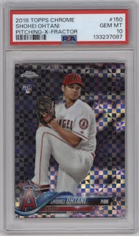 Shohei Ohtani from the 2018 Topps Chrome set featuring a X-Fractor parallel graded by PSA and given an overall grade of 10.