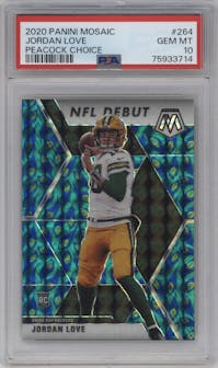 Jordan Love from the 2020 Panini Mosaic set featuring a Choice Peacock parallel graded by PSA and given an overall grade of 10.