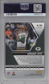 Jordan Love from the 2020 Panini Mosaic set featuring a Choice Peacock parallel graded by PSA and given an overall grade of 10.