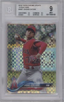 Shohei Ohtani from the 2018 Topps Chrome Update  set featuring a X-Fractor parallel graded by Beckett and given an overall grade of 9.
