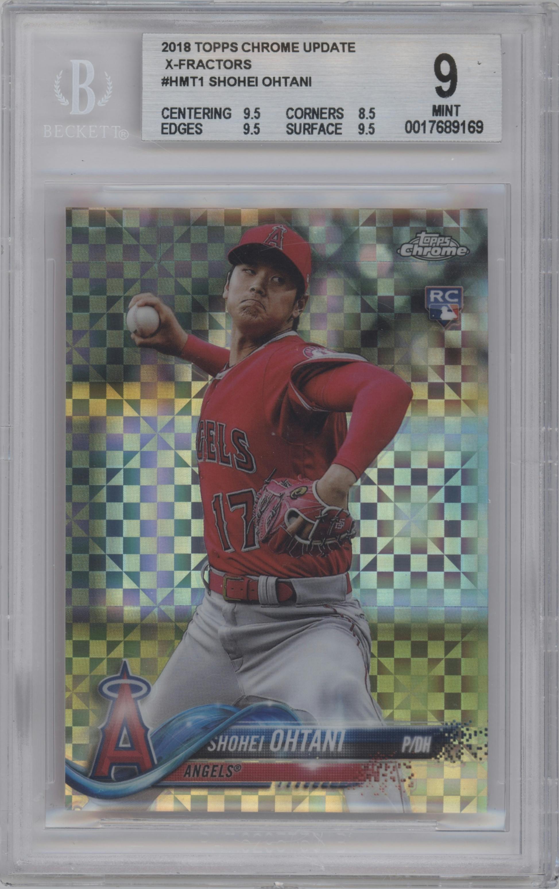 Shohei Ohtani from the 2018 Topps Chrome Update  set featuring a X-Fractor parallel graded by Beckett and given an overall grade of 9.