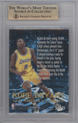 Kobe Bryant from the 1996-97 Skybox E-X2000 set graded by Beckett and given an overall grade of 9.5.