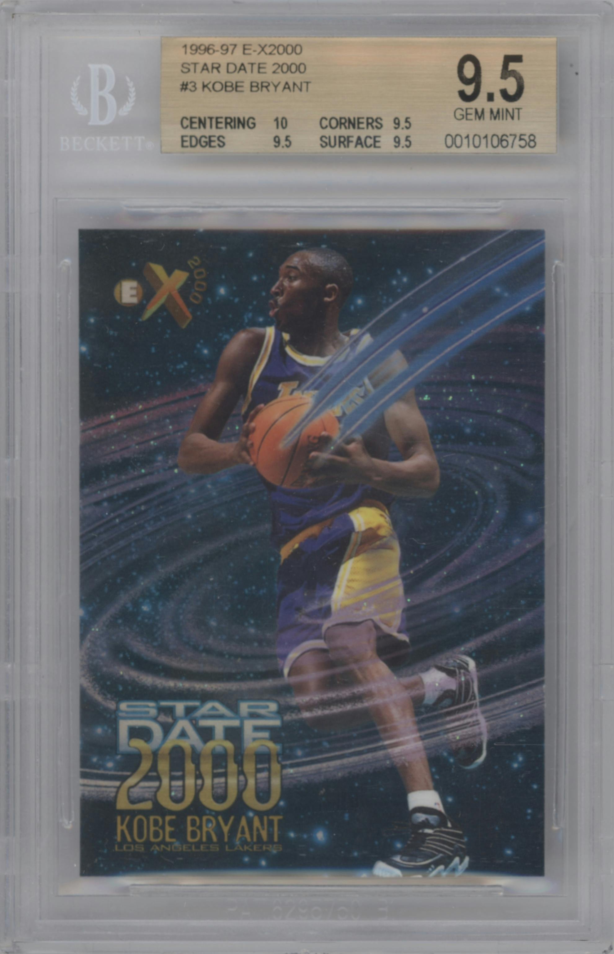 Kobe Bryant from the 1996-97 Skybox E-X2000 set graded by Beckett and given an overall grade of 9.5.