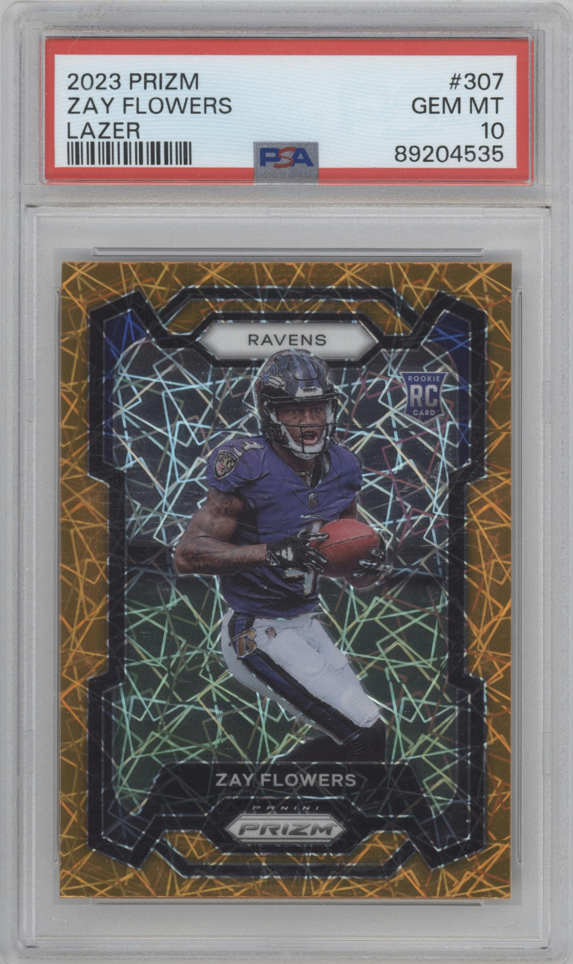 Zay Flowers  from the 2023 Panini Prizm set featuring a Lazer parallel graded by PSA and given an overall grade of 10.