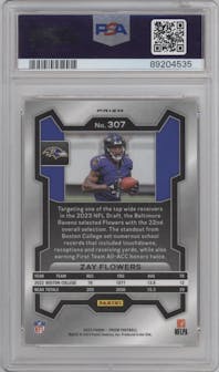 Zay Flowers  from the 2023 Panini Prizm set featuring a Lazer parallel graded by PSA and given an overall grade of 10.