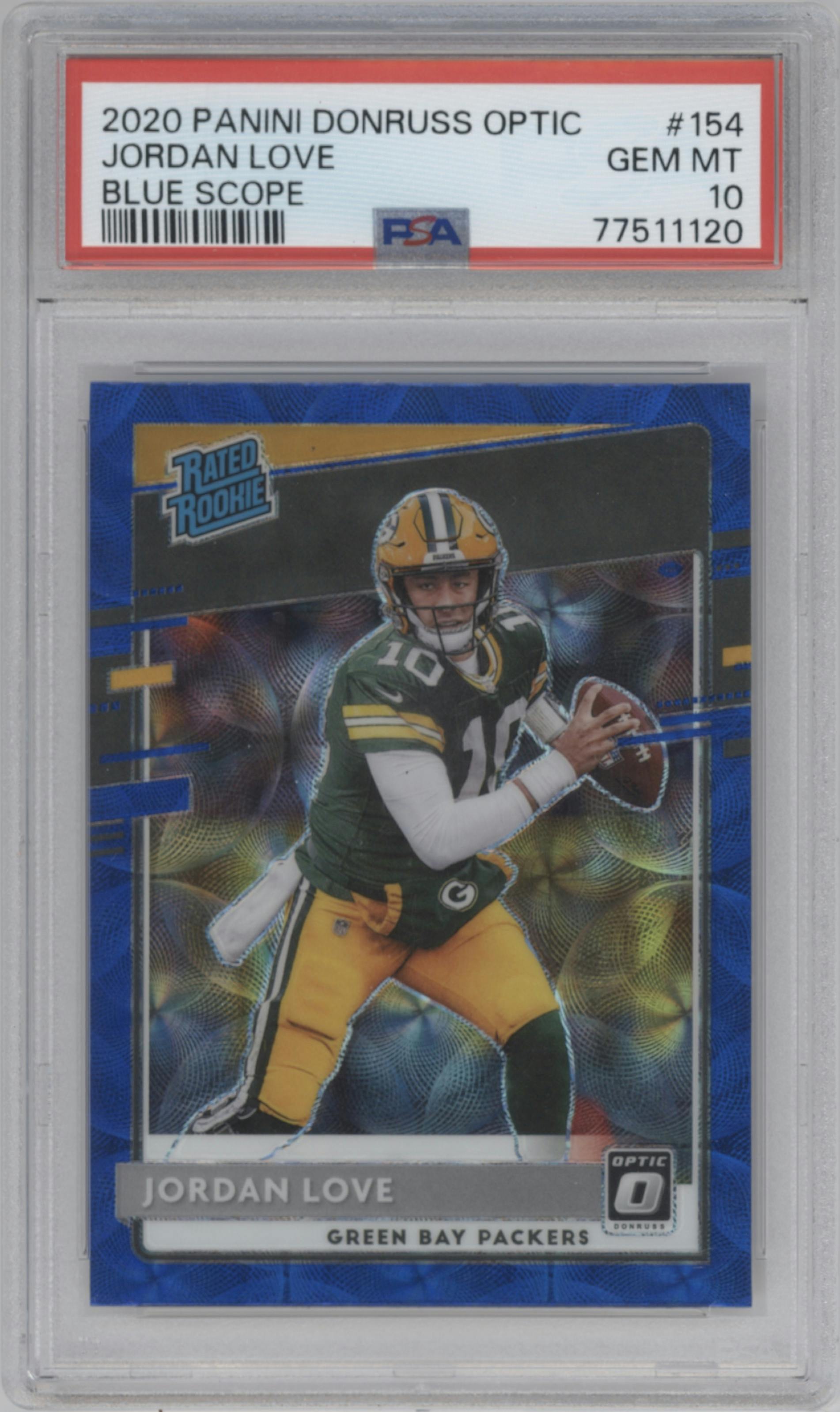 Jordan Love from the 2020 Panini Donruss Optic set featuring a Blue Scope parallel graded by PSA and given an overall grade of 10.