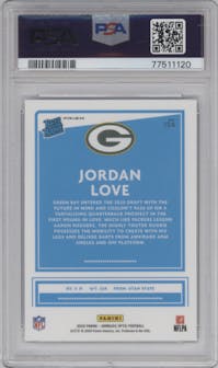 Jordan Love from the 2020 Panini Donruss Optic set featuring a Blue Scope parallel graded by PSA and given an overall grade of 10.