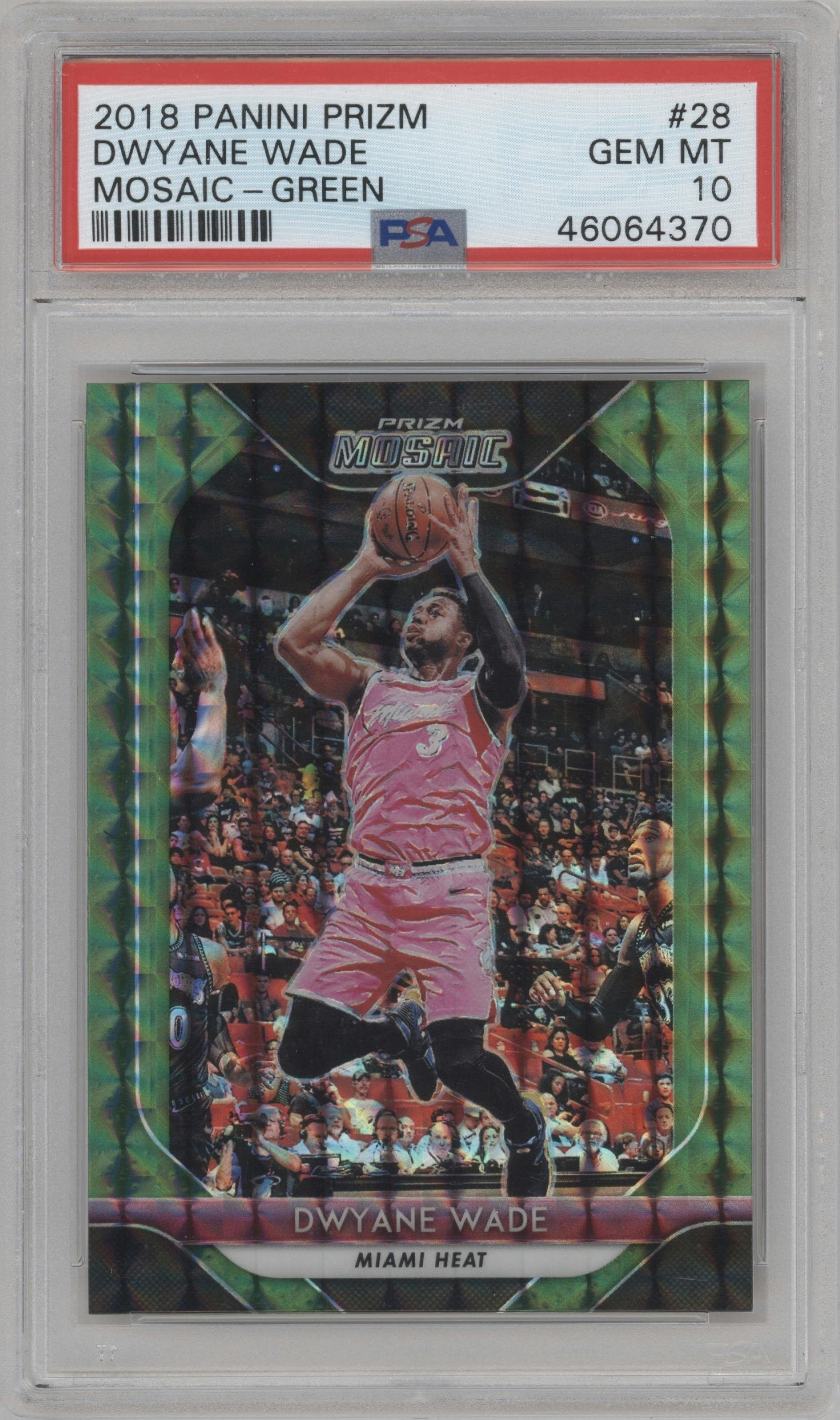 Dwyane Wade from the 2018-19 Panini Prizm Mosaic set featuring a Green Prizm parallel graded by PSA and given an overall grade of 10.
