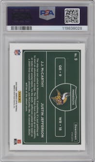J.J. McCarthy/Justin Jefferson from the 2024 Donruss Optic set graded by PSA and given an overall grade of 10.