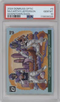 J.J. McCarthy/Justin Jefferson from the 2024 Donruss Optic set graded by PSA and given an overall grade of 10.