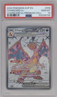 Charizard ex from the 2023 Pokemon SV set featuring a Charizard ex Premium Collection parallel graded by PSA and given an overall grade of 10.