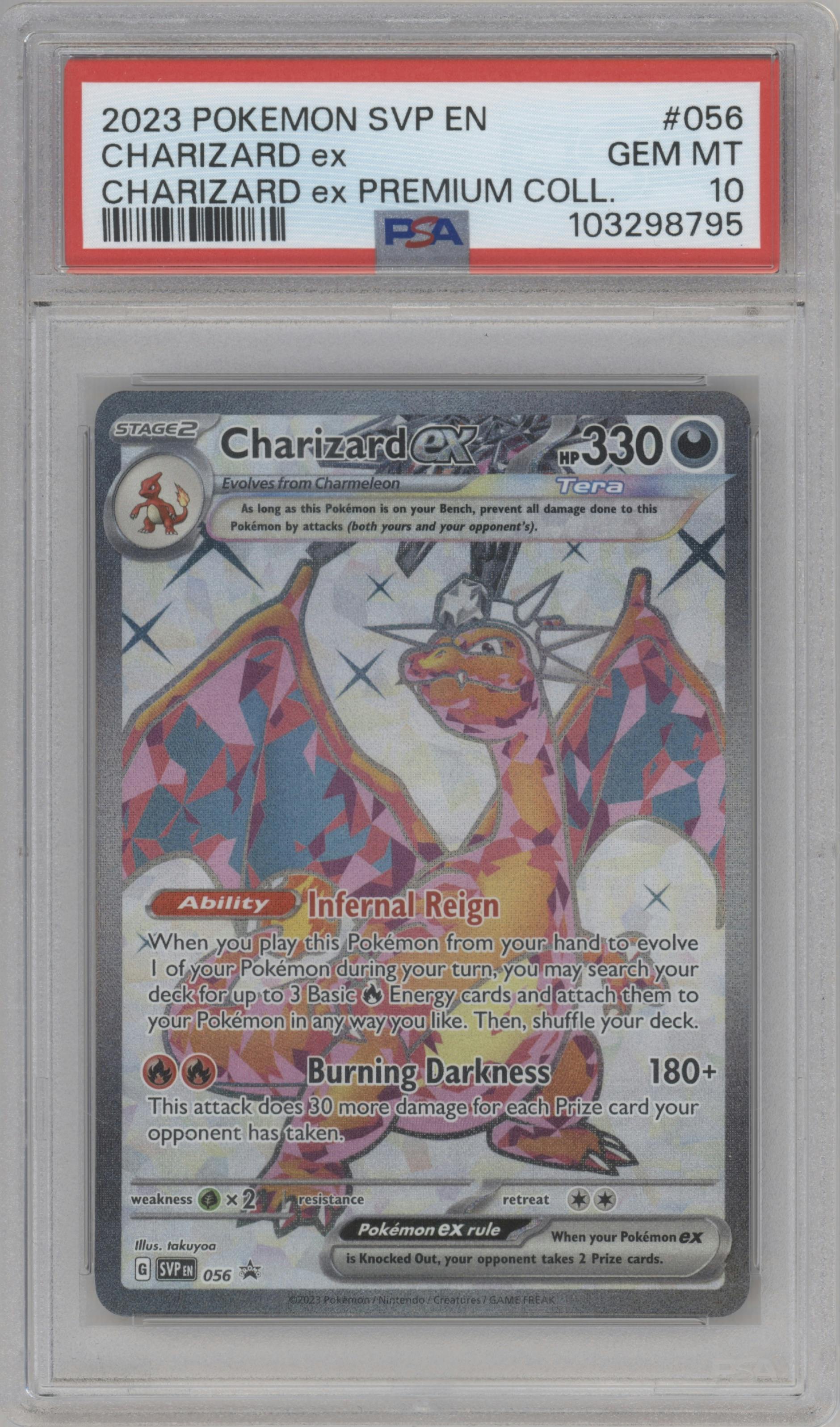 Charizard ex from the 2023 Pokemon SV set featuring a Charizard ex Premium Collection parallel graded by PSA and given an overall grade of 10.