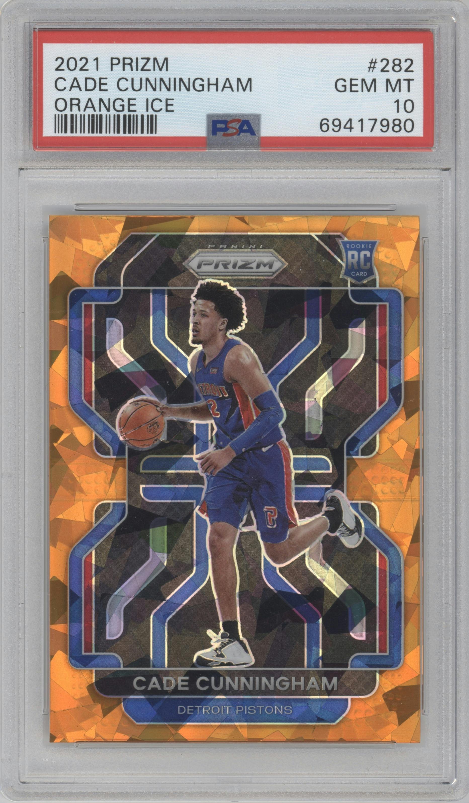Cade Cunningham from the 2021-22 Panini Prizm  set featuring a Orange Ice parallel graded by PSA and given an overall grade of 10.