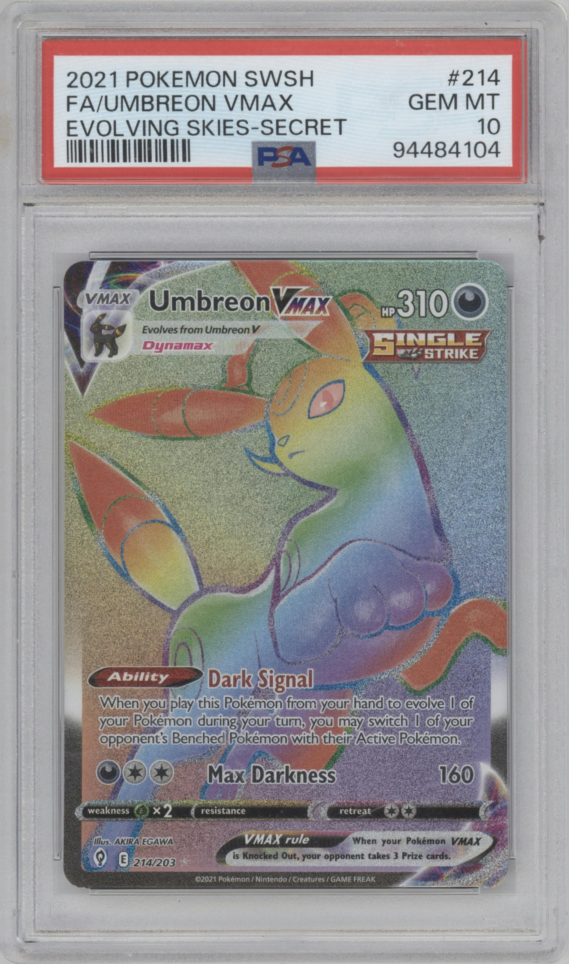 Umbreon VMAX from the 2021 Pokemon SWSH set graded by PSA and given an overall grade of 10.