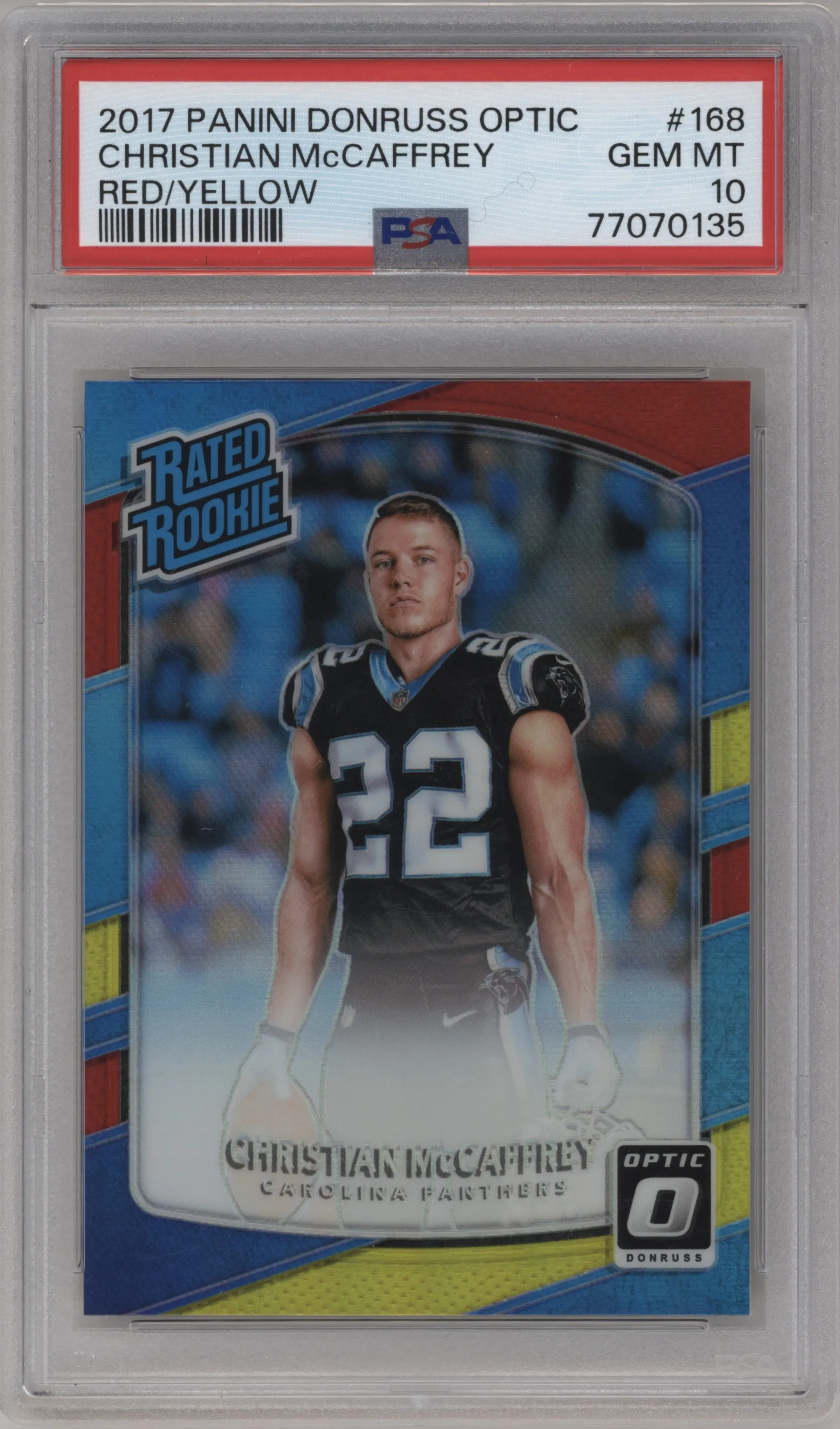 2017 Panini Donruss Optic Rated Rookie Christian McCaffrey Red/Yellow #168 PSA 10