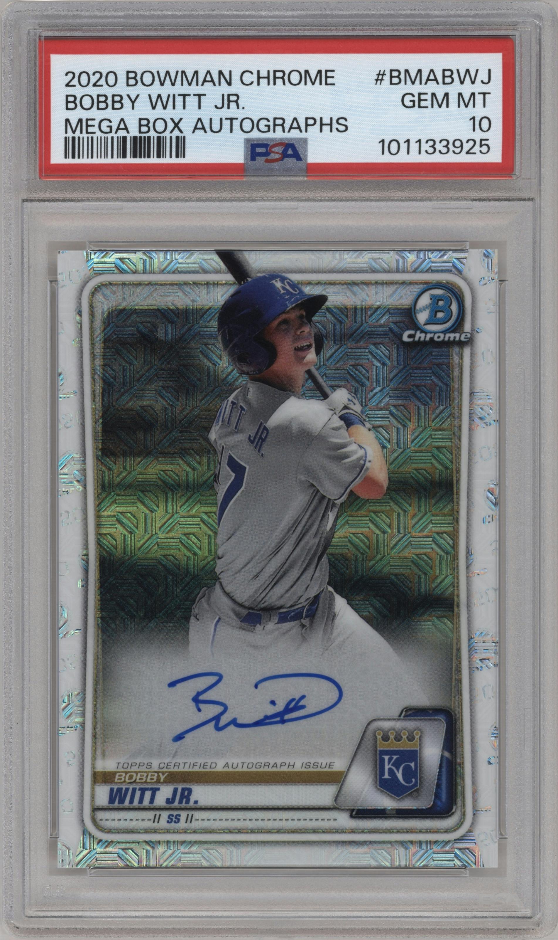 Bobby Witt Jr. from the 2020 Bowman Mega Box Chrome set graded by PSA and given an overall grade of 10.