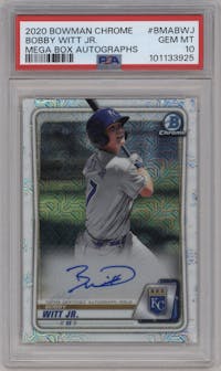 Bobby Witt Jr. from the 2020 Bowman Mega Box Chrome set graded by PSA and given an overall grade of 10.