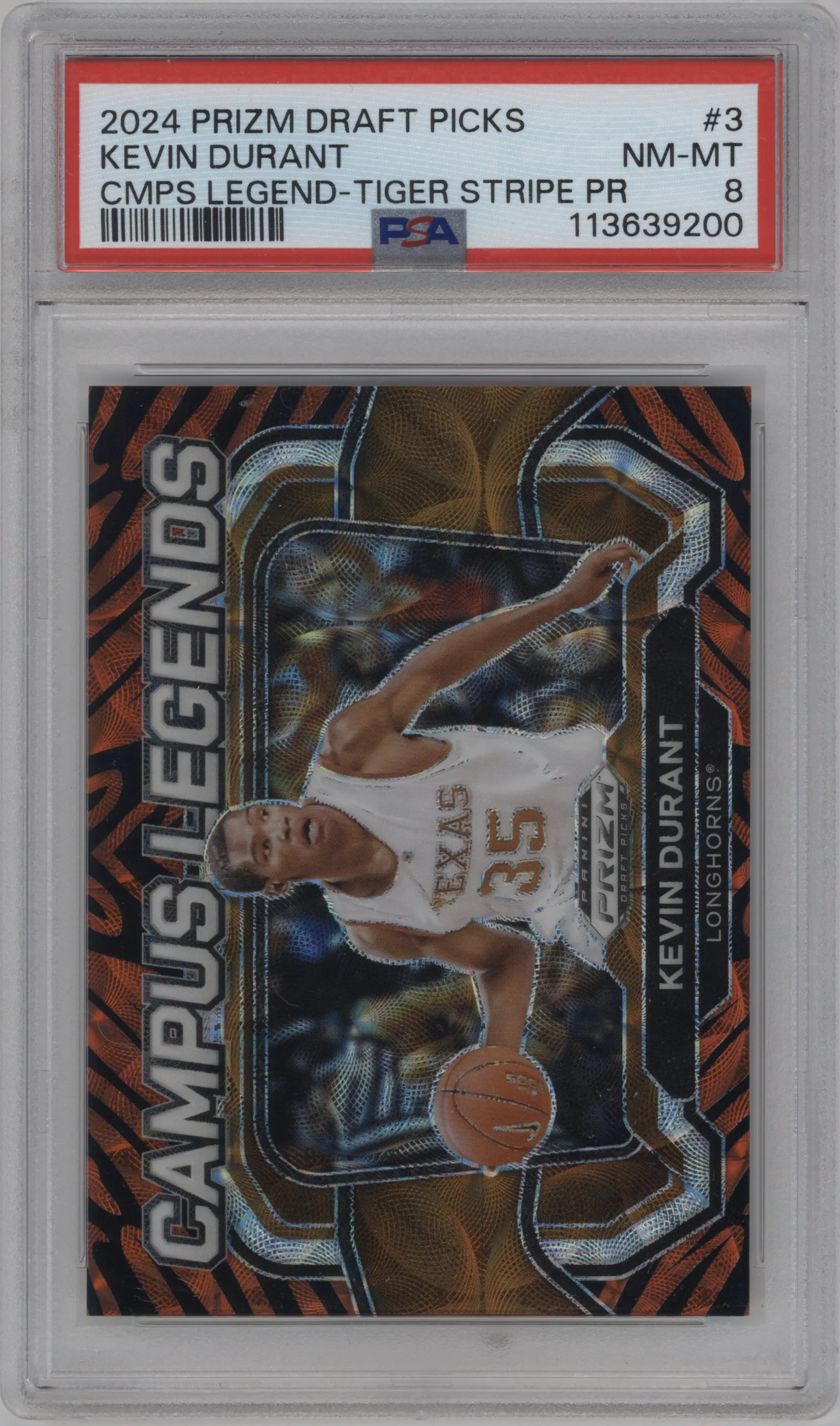 2024 Panini Prizm Draft Picks Campus Legends Kevin Durant Tiger Stripe #3 PSA 8
