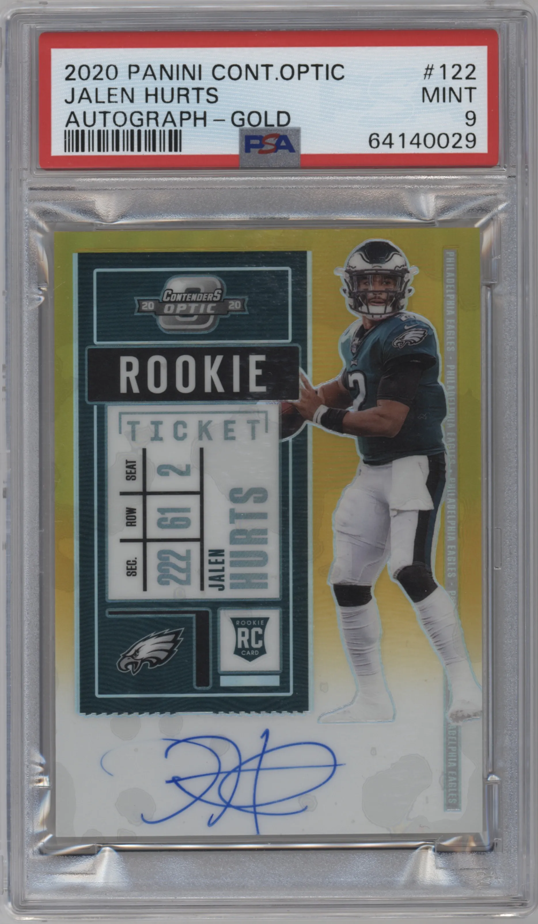 2020 Panini Contenders Optic Rke.Tkt RPS Auto Jalen Hurts Gold #122 PSA 9