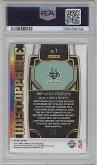 Breanna Stewart from the 2024 Panini Select WNBA set featuring a Black Pandora Prizm parallel graded by PSA and given an overall grade of 10.
