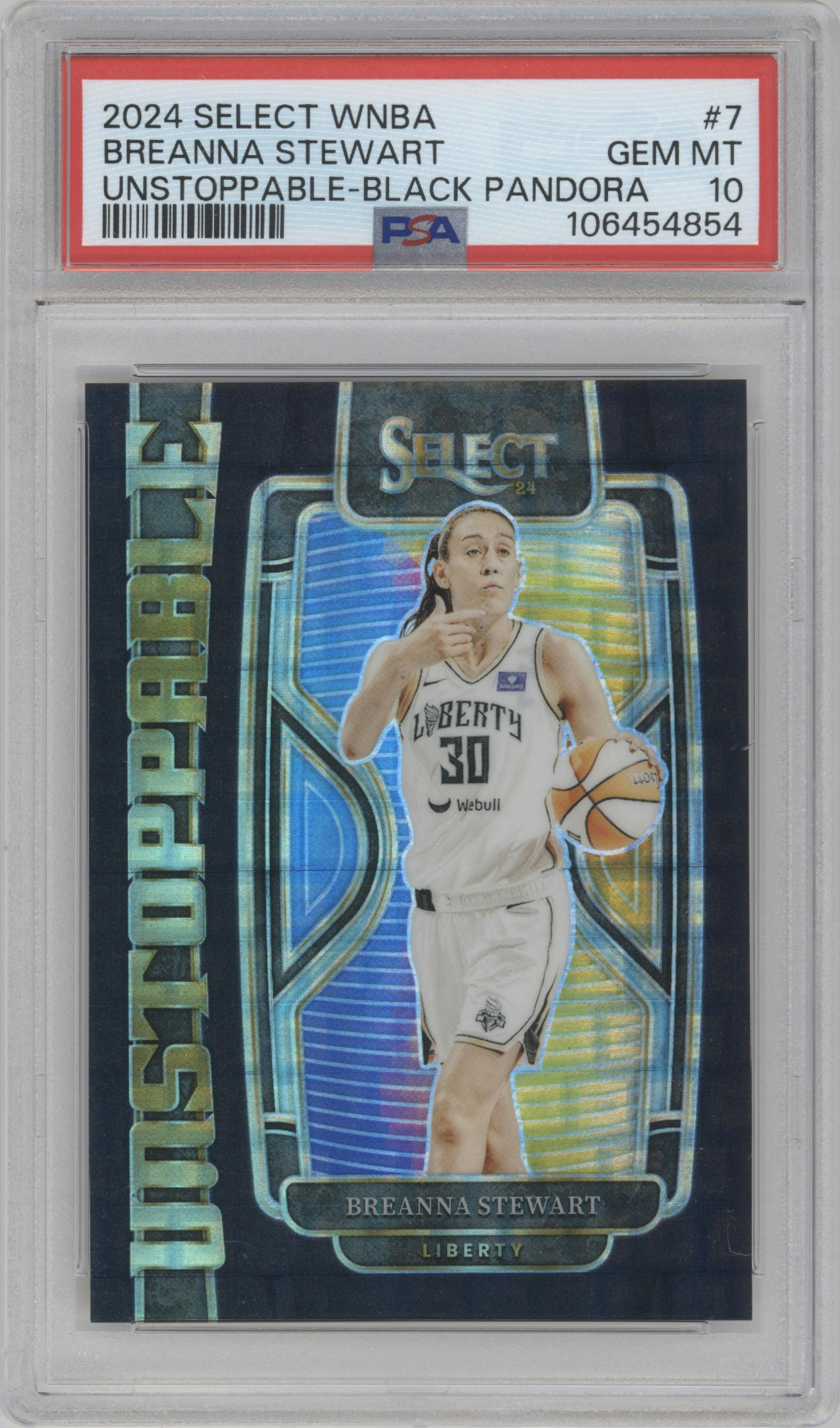 Breanna Stewart from the 2024 Panini Select WNBA set featuring a Black Pandora Prizm parallel graded by PSA and given an overall grade of 10.